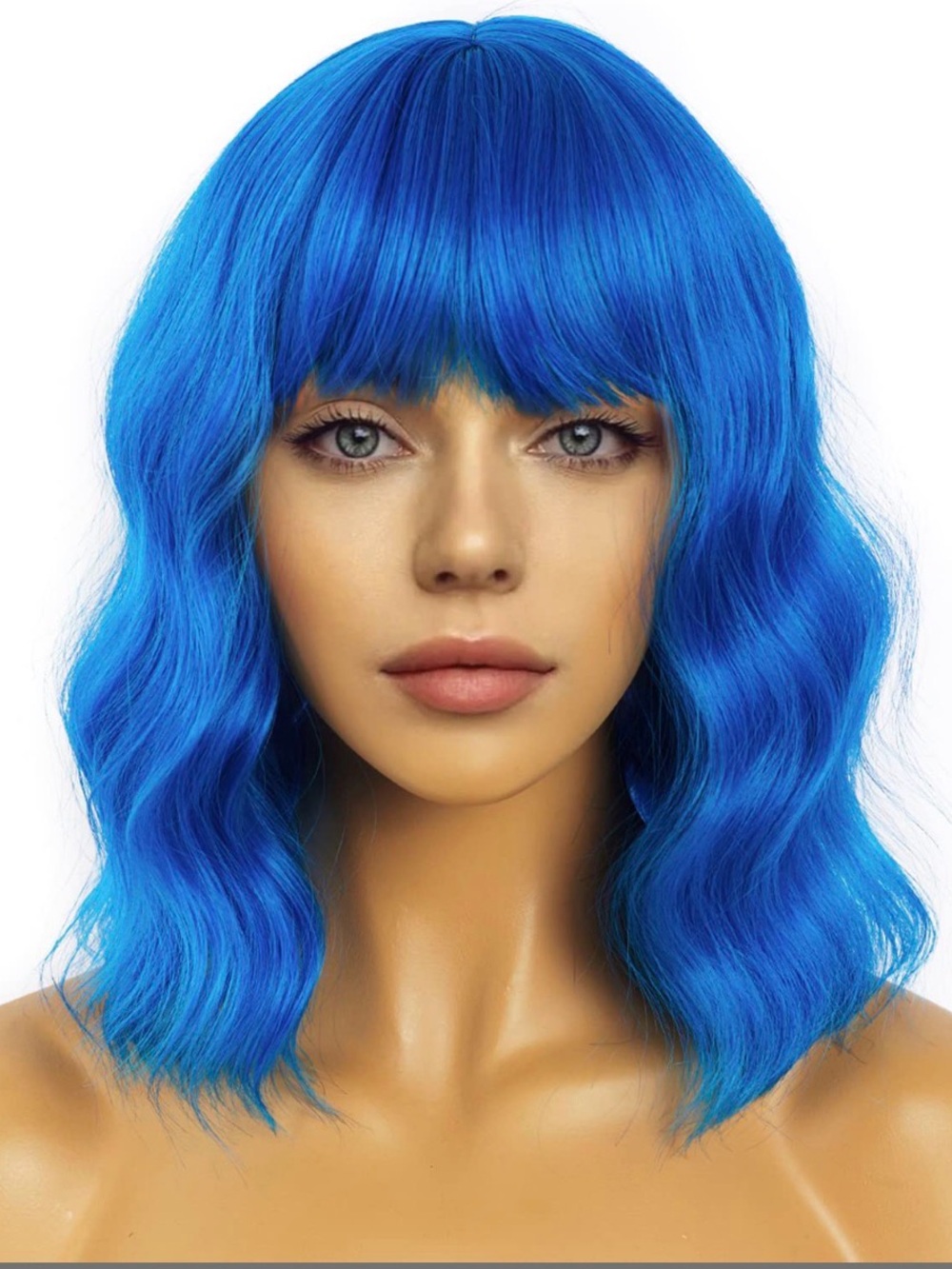 LANCAINI Blue Bob Wig with Bangs Short Wavy Curly Costume Cosplay Hair Women NWT